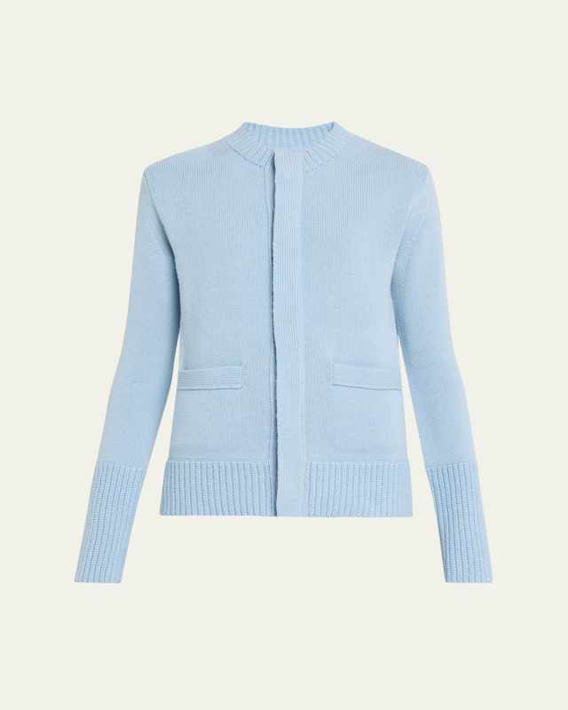 Ribbed-Edge Wool Crewneck Cardigan